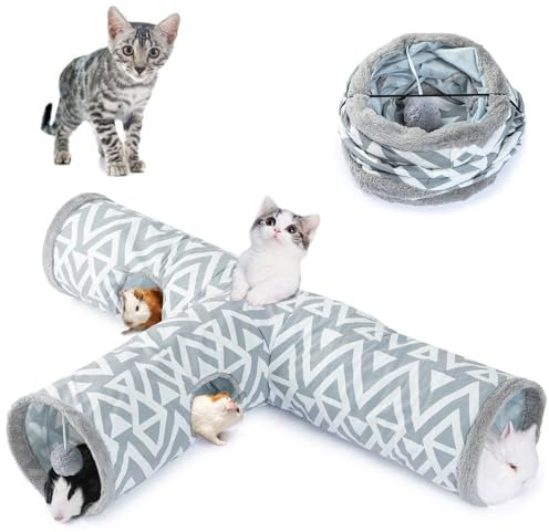 JanYoo Katzentunnel Hasentunnel für Indoor Spieltunnel, Plüsch Katzen Tunnel 3 Wege Interaktiver Spionage-Loch Katzentunnel Spielsachen, Grau