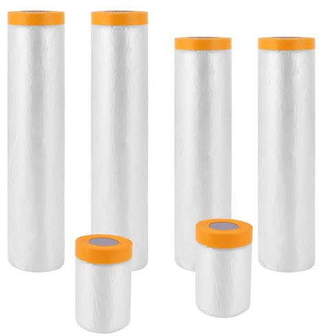 WOPPLXY 6 Rollen Abdeckfolie mit Klebeband, 55cm x 20m/240cm x 20m/270cm x 20m Malerfolie, Transparent PE-Folie mit Gelb Papier Maler Abdeckfolie zum Staubschutz, Lackieren von Autowänden