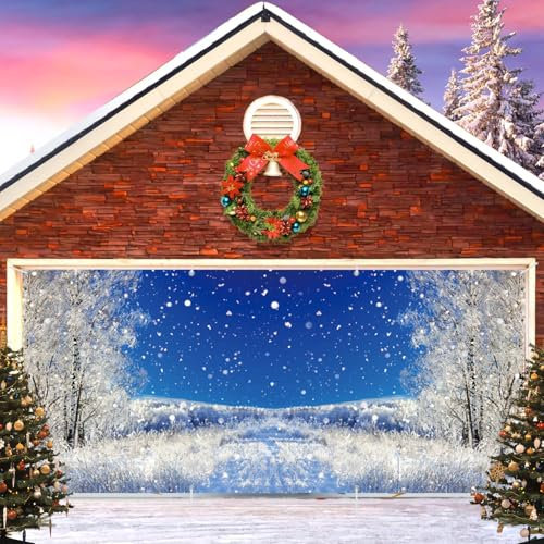 Bannière de décoration de porte de garage en forêt d'hiver - 2,1 x 4,9 m - Grand arbre de Noël enneigé - Flocon de neige blanc - Toile de fond pour porte de garage - Décoration pour porte de garage -