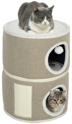 PawHut Kratztonne, 56 cm Hoch Katzentonne mit Höhle, Kratzbaum, Katzenturm aus Sisal, für Katze bis 5 kg, Kaffee