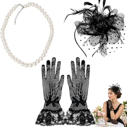 CZAYEFNH Fascinator Cerimonia Donna Elegante - Set Accessori per tè del Pomeriggio con Guanti e Velo Nero | Must-Have per Eventi Speciali