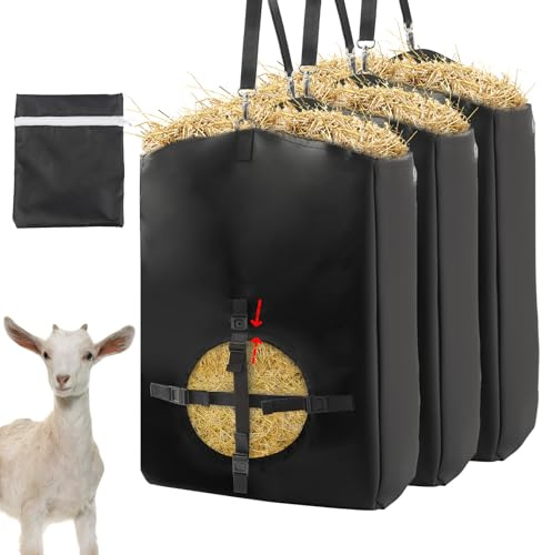 Lot de 3 sacs à foin de chèvre avec boucle croisée amovible et serrure à échelle réglable, sac d'alimentation facile à suspendre pour chevaux, chèvres, moutons