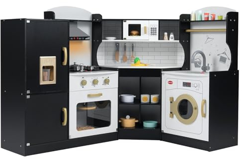 Maxmass Kids Corner Kitchen, Wooden Children Play Kitchen with Light & Sound, Ice Dispenser, Accessory Utensils, Toddler Role Play Cooking Playset for Girls Boys (Black without Telephone)