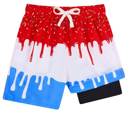 Big Boy Swimming Shorts with Compress Red White Swim Trunks 10T 11T 12T Kids Board Shorts Swimmwear for Running Biking Ice Cream Shorts