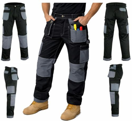 GRS Multi Pockets Mens Combat Cargo Work Trousers with Knee Pad Pockets, Black, 32 Waist - Long