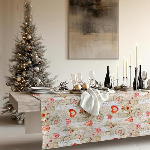 KP HOME Festive Merry Christmas PVC Table Cloth Wipe Clean Tablecloth Oilcloth 140x200 Cream with Red Xmas Winter Ornaments Snowflakes 200x140 78x55in Wood Effect Table Cover Waterproof Reusable 2m