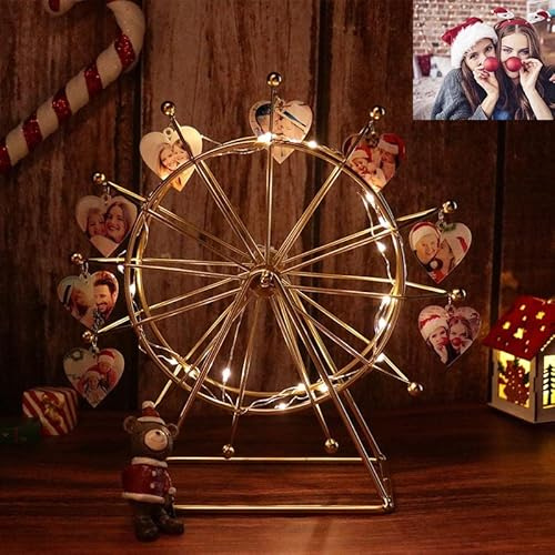 Ruota panoramica rotante con cuore personalizzato 1-12 foto in metallo personalizzato cornice da scrivania con luce LED per decorazione della casa, regali di Natale e compleanno (oro)