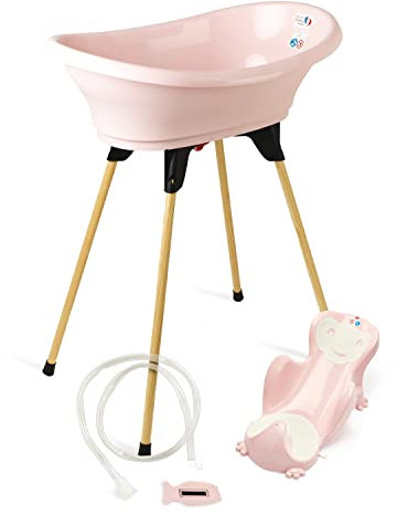 THERMOBABY - Pack Baignoire Bébé VASCO 5 En 1 - Baignoire, Pied En Bois, Tuyau De Vidange, Transat De Bain, Thermomètre - Rose Poudré - Pliable & Stable - Fabriqué En France