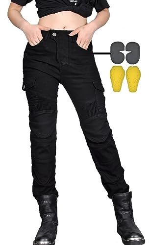 CBBI-WCCB Mujer Moto Jeans Motocicleta Pantalones con Almohadilla Protectora (FR/ES, Medida de la Cintura & Longitud de la Pernera, 34, 32, Negro)