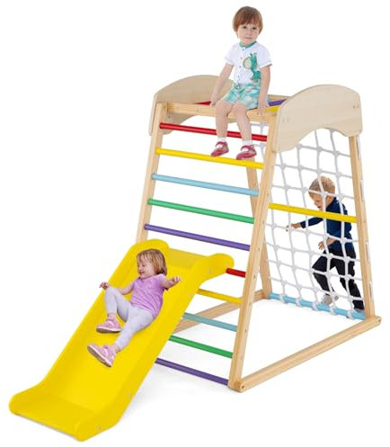 COSTWAY Toddler Climbing Frame, Wooden Montessori Play Gym with Slide, Monkey Bars, Climbing Net and Ladder, Kids Playground Playset for 1+ Years Old (Multicolor)