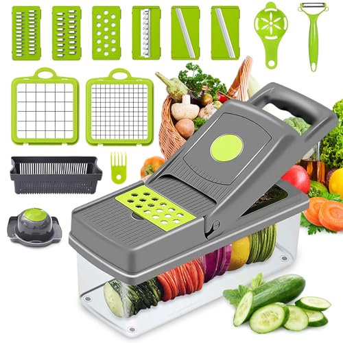 Regedory Gemüseschneider Manuell, Multischneider,Blitzhacker Knoblauchhacker Universalhacker,Salatschneider, Gemüseschneider für Würfel, Stifte, Scheiben 14 in 1 Gemüseschneider