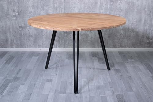 SAM Runder B-Ware Esszimmertisch Belina 110 cm, Akazienholz massiv, Esszimmertisch mit Gerader Kante naturfarben, Metallgestell Schwarz, massiver Holztisch, Tischplatte 26mm