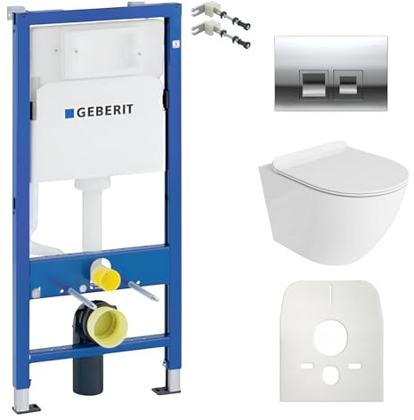 Duofix Basic - Elemento da parete + lavabo da parete per WC Sofi Slim bianco senza bordi + pannello di controllo Delta 25 | pulsante cromato | Set completo | Cassetta di risciacquo da incasso