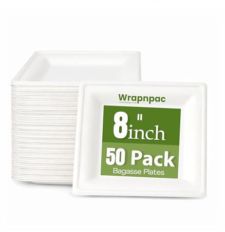Wrap n Pac Strong Square Paper Plates 8 Inch 50 Pack - Heavy Duty Disposable Bagasse Sugarcane Dessert Plates, 100% Compostable and Plastic Free, Microwave Safe for Party, Salad, Buffet and Picnic