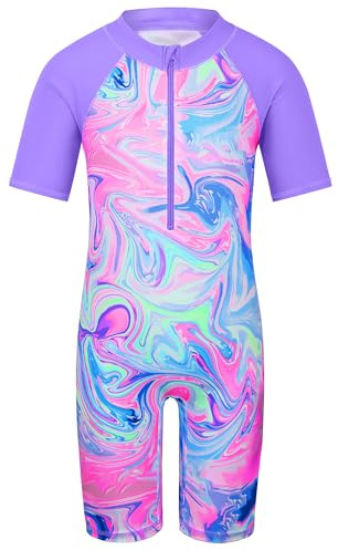 HUAANIUE Traje de baño largo para niñas, 1 pieza, traje de baño UPF 50+ UV con cremallera 4-12 años, ropa deportiva de natación de verano, 18 - Traje de baño de manga corta Purpleagate, 9-10 años