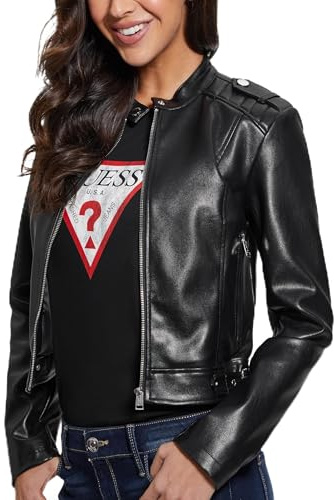Guess Womens Montecarla Faux Leather Fitted Jacket, Jet Black, Medium
