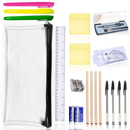 OBYJCA 22 Pcs Back to School Stationery Set, School Stationary Sets, Assorted Stationery Pack with 4 Graphite Pencils, 4 Pens, 3 Highlighter, 2 Eraser & Sharpener, Compass, Pencil Case, 2 Post Notes