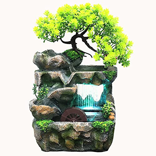 Zimmerbrunnen mit LED Beleuchtung, Grüne Pflanze Brunnen Springbrunnen Gartenbrunnen Deko Tischbrunnen mit Wasserfall, 18 * 15 * 30cm