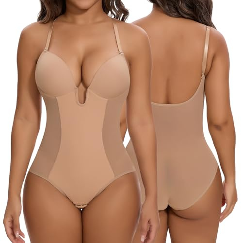 SHAPERIN Donna Body Modellante con Reggiseno Push Up Body Shaper Dimagrante Pancia Piatta Shapewear Bodysuit Senza Schienale, Beige, L