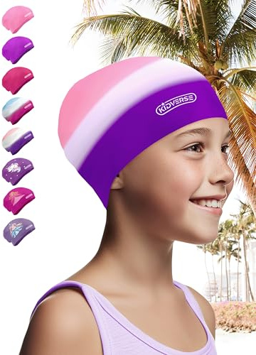 KIDVERSE Bonnet de Bain pour Filles aux Cheveux Longs et volumineux - Bonnet de Bain pour Filles avec Inserts antidérapants