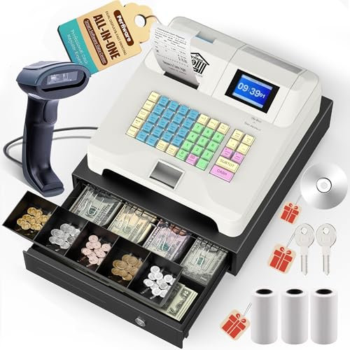 Perfiware Cash Register for Small Businesses with Scanner（HS1000）& Removable Checkport Cash Drawer,Electronic Cash Registers with Dual Display and Receipt Printer,Dust-Proof& Oil Proof