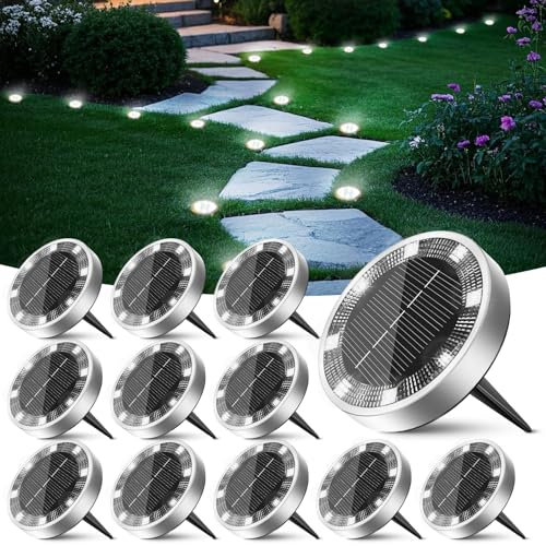 Peasur 12 Pack Solar Lights Outdoor Garden, Solar Ground Light, Waterproof Disk Lights for Pathway, Patio, Yard, Lawn, Landscape (Cool White)