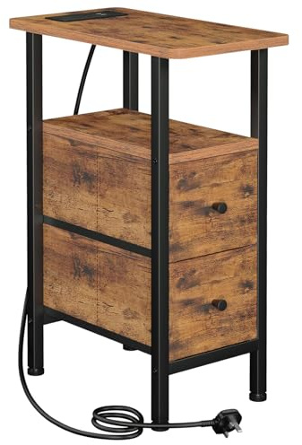 AMHANCIBLE Slim Bedside Table with Charging Station, Narrow Side Table with 2 Fabric Drawers, Small End Table with Open Storage Shelf, Nightstand for Small Spaces, Living Room, Brown HETNDP02PBR-1