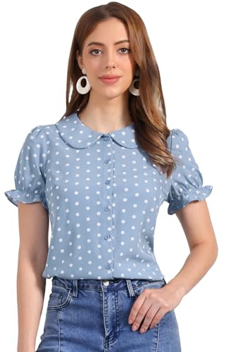 Allegra K Camicia vintage da donna a pois con maniche a sbuffo e colletto alla Peter Pan, bottoni, Grigio blu, L