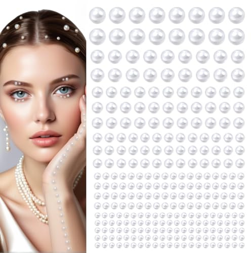 qiipii 4 Sheets Pure White Flatback Pearls Stickers Self Adhensive Solid White Half Pearls Stick On Jewels 3/4/5/6/8/10 mm Multi Sizes Gems Stick on for Nails Face Eyes Hair Makeup Clothing Crafting