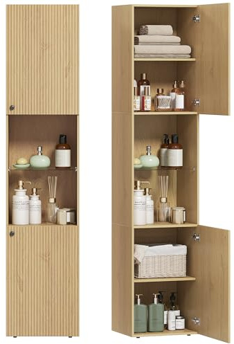 HOMCOM Armario de Baño Alto, Columna de Baño Estrecha de 6 Niveles con 2 Puertas, Estante de Vidrio Templado, Estantes Ajustables, 40x31x182 cm, Roble