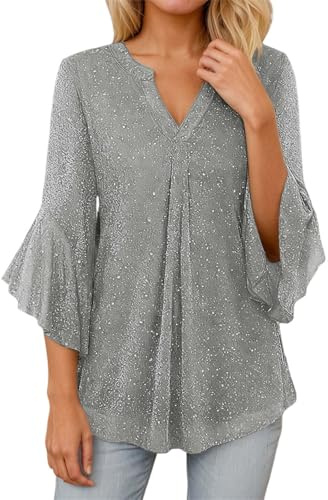 Generisch Chemisier à paillettes pour femme - Tenue du Nouvel An - Jupe à paillettes - Col en V - Tunique - Chemisier festif - Pour mariage, fête, carnaval - T-shirt à manches longues - Haut à