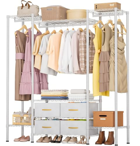 Himimi Perchero con 4 Cajones, Armario Abierto con 3 Barras para Ropa & Estantes de Altura Regulable, Estructura Metálica Resistente para Dormitorio, Lavadero, Balcón 154x40x180cm Blanco