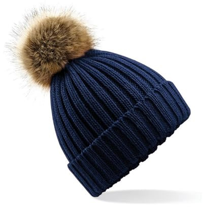Beechfield Faux Fur Pop Pom Chunky Beanie - Navy
