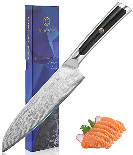Sunnecko Coltello da Cucina Damasco Giapponese 73 Strati, Coltello Santoku Professionale 18 cm per Pesce Carne Verdure, Coltelli in Acciaio Damasco Manico G10