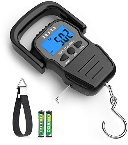HEETA Fish Scale with Backlit LCD Display, Up to 110lb/50kg Digital Portable Hanging Fish Weight Scale with Hook & Measuring Tape for Home Farm Outdoor Hunting Fishing, 2 AAA Batteries Included, Black