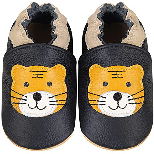 IceUnicorn Krabbelschuhe Baby Lauflernschuhe Jungen Mädchen Weicher Leder Babyhausschuhe Kleinkind Rutschfeste Lederschuhe Baby(Schwarzer Tiger, 12-18 Monate)