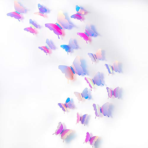 BBTO 48 Pieces Butterfly Wall Decor DIY 3D Mirror Butterfly Stickers Removable Decals Crafts for Birthday Party Bedroom School Bathroom Living Room Decor(Transparency Colorful Pink)