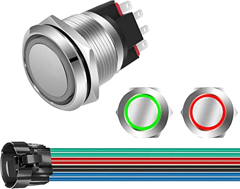 GUUZI 12V-24V/10A Pulsante Momentaneo NO/NC Impermeabile Luce LED Verde/Rossa Illuminato 22mm Pulsante di Avvio in Metallo con Presa Cavo