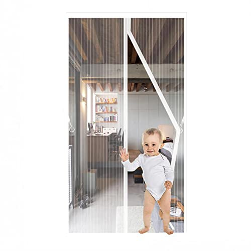 Magnétique Moustiquaire Porte,95x220cm,JIANJAIO Rideau de Porte Anti Mouche Fermeture Automatique Anti Insectes Respirant Moustiquaire pour Portes de balcon, Salon, Montage par Sans Perçage,Blanc