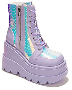 Cape Robbin Women's Holographic Platform Ankle Boots Chunky Block Heel Lace Up Side Zip (Radio) Lilac 11