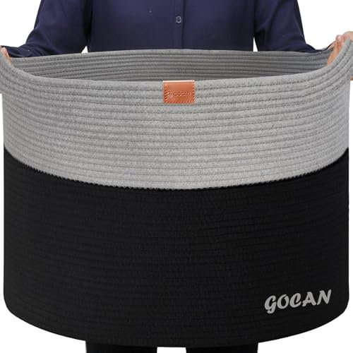 GOCAN XXXL large rope laundry basket washing basket D55XH35cm storage basket hamper basket with Handles For dog toy basket linen basket laundry baskets for bedrooms… (Blk/Grey)
