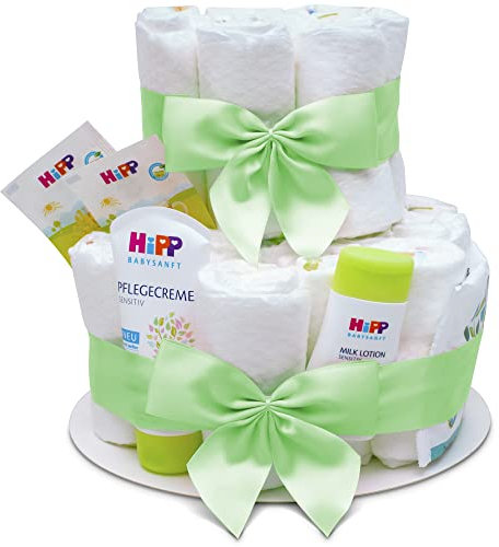 MilaBoo® 2-stöckige Windeltorte neutral mit Premiumprodukten I Besonderes Geschenk zur Geburt I Persönliches Babygeschenk zur Taufe und Babyparty (grün)