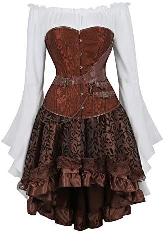 Grebrafan Corset Falda Fiesta y Blusa Pirata Steampunk Conjunto de Corsés y Bustiers Medieval (EUR(38-40) XL, Marrón)
