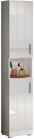 trendteam smart living - Wons - Armario Alto - Blanco/Blanco Brillante - 1 Compartimento Abierto y 2 estantes - 37 x 192 x 31 cm - Armario de baño Moderno con Estante - Resistente a los arañazos