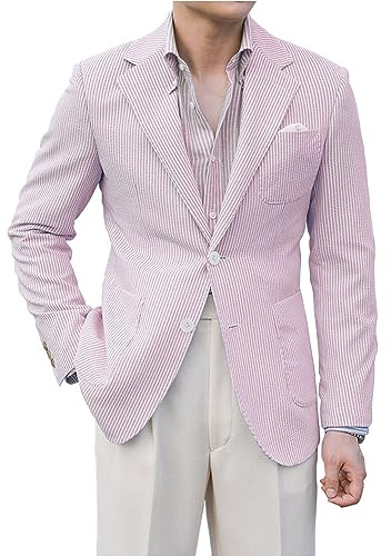 Leisure Men Seersucker Sports Coat Light Summer Jacket Mens Seersucker Blazer Mens Beach Outfit Pink