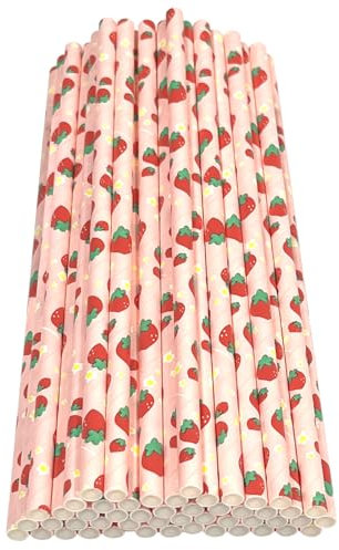 Haobase Lot de 50 pailles en papier biodégradables pour boire des cocktails, du café, des boissons froides (motif fruits) (motif fraise)