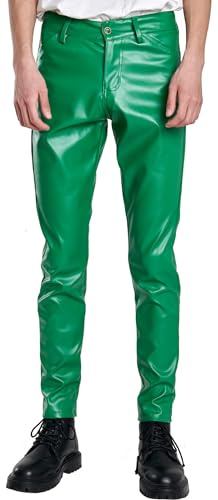 Mens PU Faux Leather Trousers Slim Fit Fake Leather Wet Look Pants Green 36