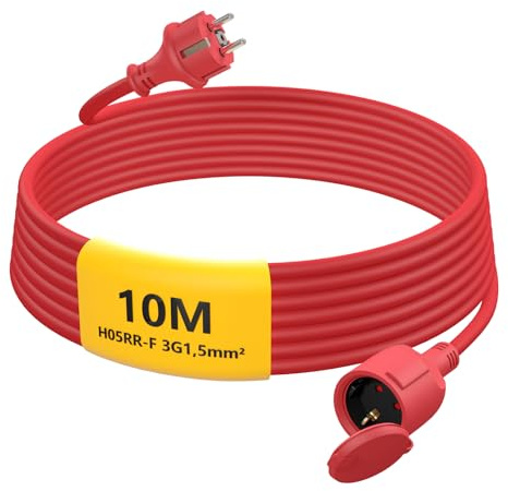 HUARUI Verlängerungskabel Outdoor 10m, Gummi Stromkabel Verlängerung mit Schuko Stecker für den Außenbereich IP44, Kabelverlängerung H05RR-F 3G1,5mm² mit Schutzkappe, Elektrokabel außen, 3500W, rot
