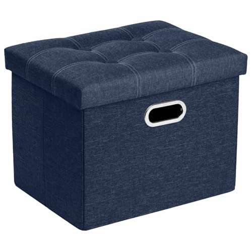 COSYLAND Puff Almacenaje 40L, Banco Almacenaje, Capacidad de Carga 200 kg, Tapizado Lino, Baúl para Dormitorio, Salón, Entrada, Juguetes, Organizador Multifuncional, Plegable, Azul, 43x33x33cm