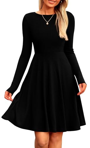 PRETTYGARDEN Women's Fall Short Dress Ribbed Knit Crewneck Long Sleeve A Line Flowy Casual Elegant Going Out Winter Dresses (Black,Medium)
